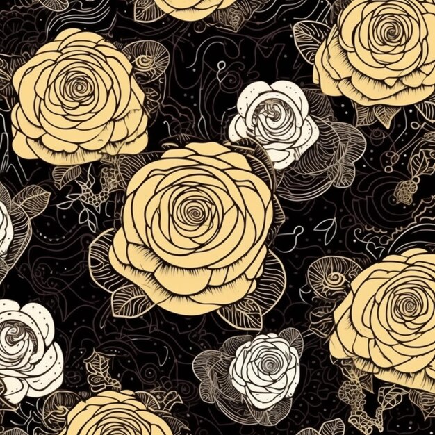 Um padrão de rosa preta e amarela com folhas e redemoinhos generativos ai