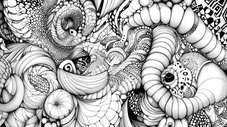 Foto um padrão de zentangle altamente detalhado com uma variedade de formas e texturas, incluindo curvas, pontos e linhas. cada seção tem um padrão único para fornecer uma experiência calmante e meditativa.