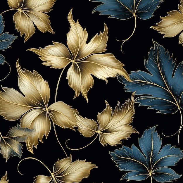 um padrão elegante de folhas douradas e azuis em fundo escuro