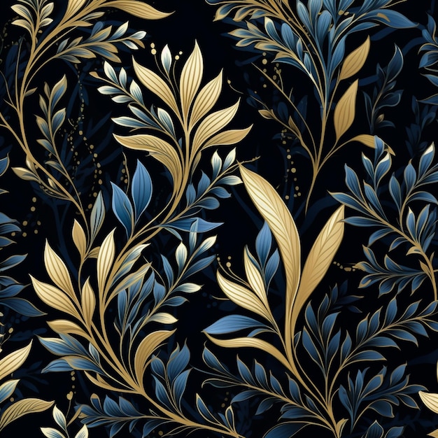 um padrão elegante de folhas douradas e azuis em fundo escuro