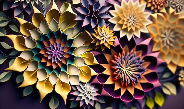 Um padrão estruturado de flores angulares em cores contrastantes