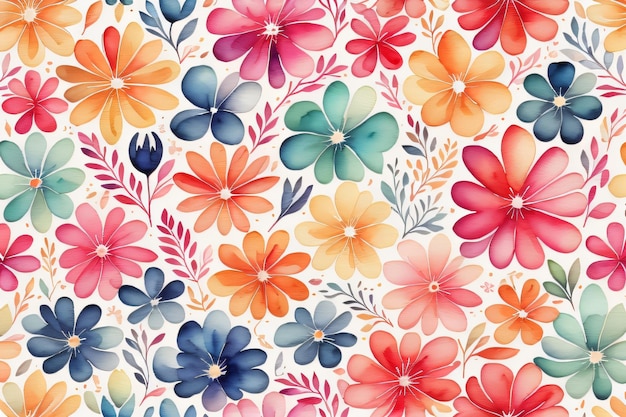 Um padrão floral aquarela colorido e sem costura, padrão de flores com fundo branco generativo ai