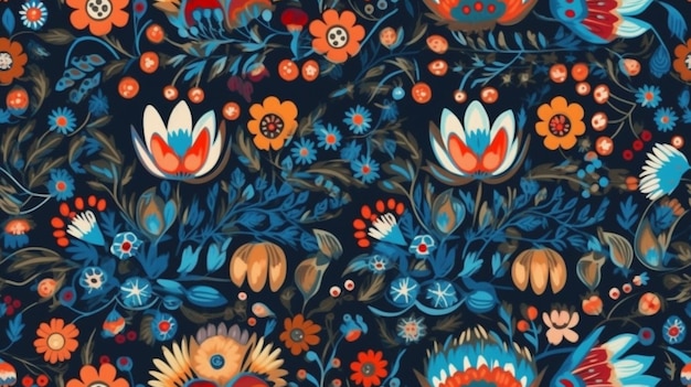 Um padrão floral azul com flores laranja e azuis.