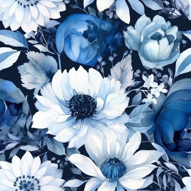Um padrão floral azul com flores.