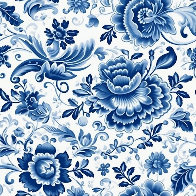 Um padrão floral azul e branco com flores azuis em um fundo branco generativo ai