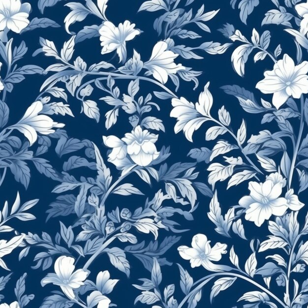 Um padrão floral azul e branco com folhas e flores generativas ai