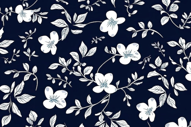 Um padrão floral azul e branco com folhas e flores.