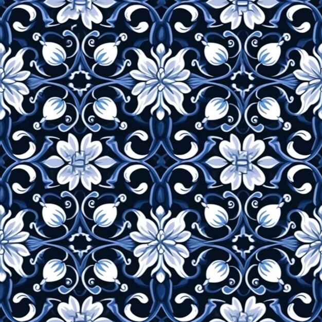 um padrão floral azul e branco com redemoinhos em um fundo preto