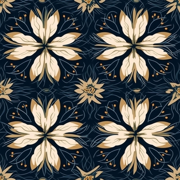 um padrão floral azul e dourado com folhas e frutos generativos ai