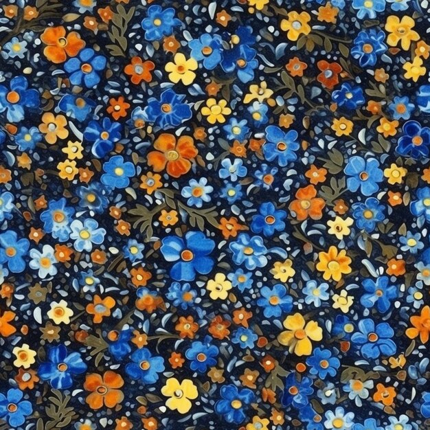 Um padrão floral azul e laranja com flores laranja e azuis.