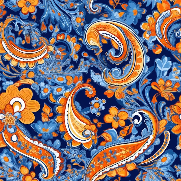 Um padrão floral azul e laranja com uma flor.
