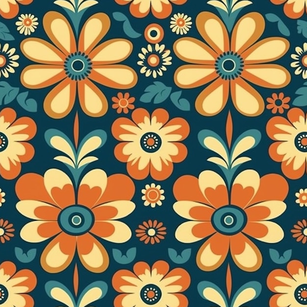 um padrão floral azul e laranja com uma grande flor generativa ai