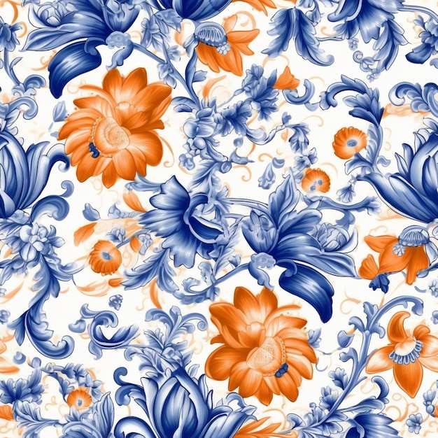 Um padrão floral azul e laranja em um fundo branco generativo ai