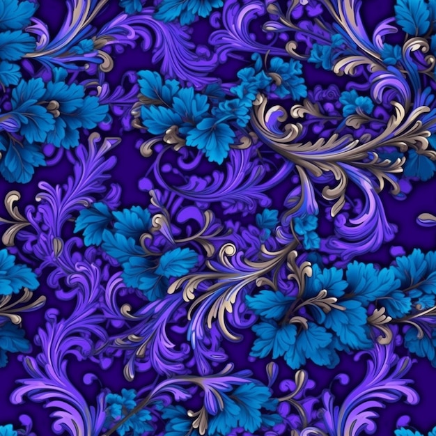 Um padrão floral azul e prateado com folhas e pergaminhos generativos ai