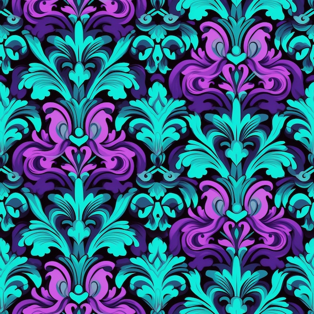 Um padrão floral azul e roxo em um fundo preto generativo ai