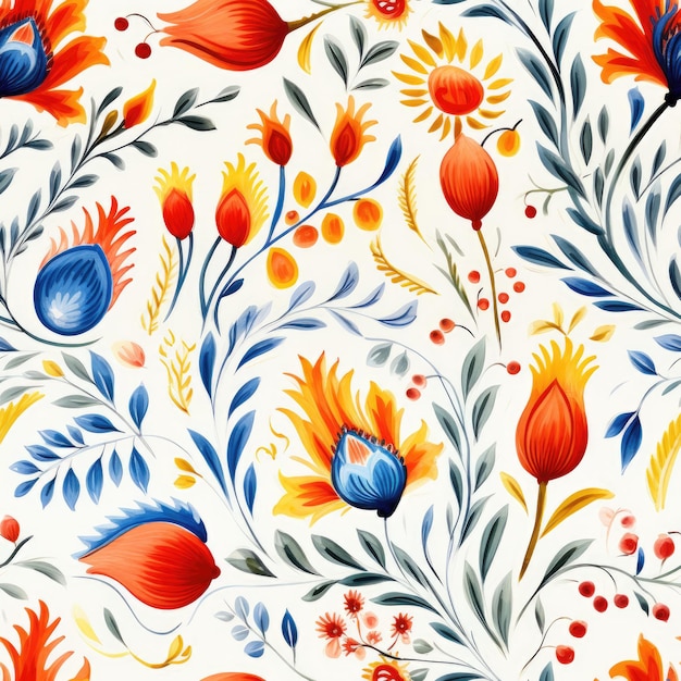 Um padrão floral colorido com as palavras primavera em azul e laranja.