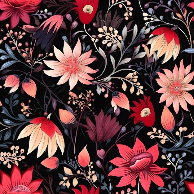 Um padrão floral colorido com flores e a palavra primavera.