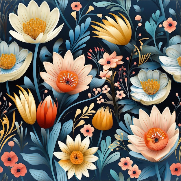 Um padrão floral colorido com flores e a palavra primavera.