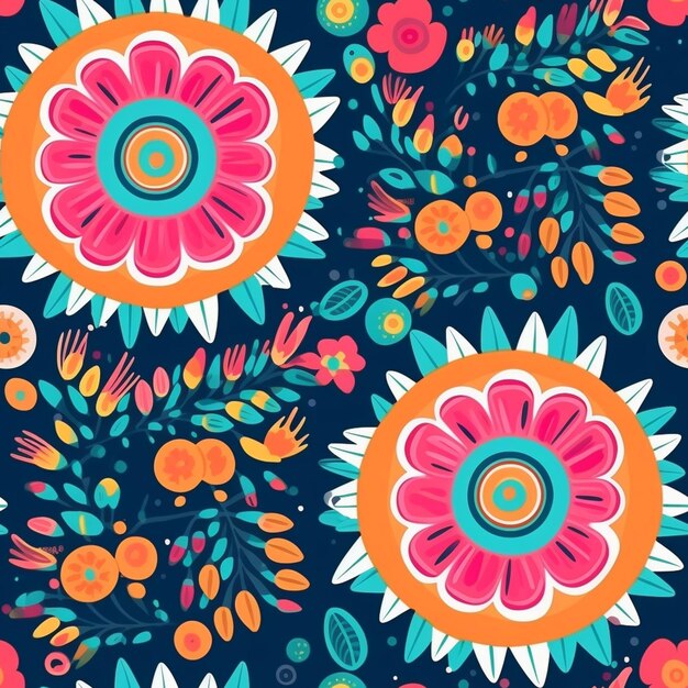 um padrão floral colorido com flores e folhas brilhantes