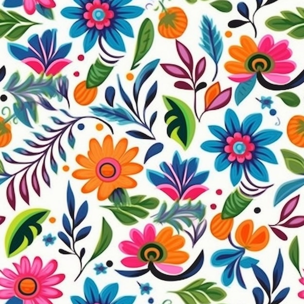Um padrão floral colorido com flores e folhas.
