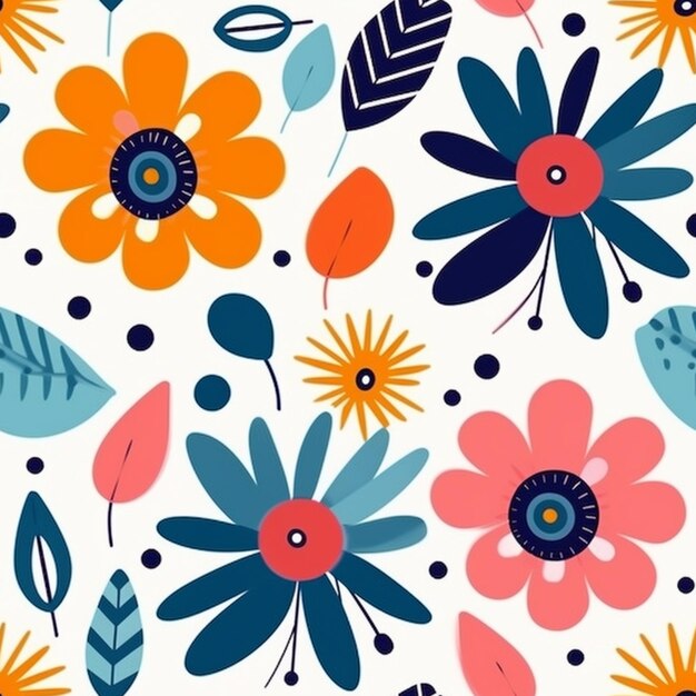 um padrão floral colorido com folhas e pontos em um fundo branco generativ ai