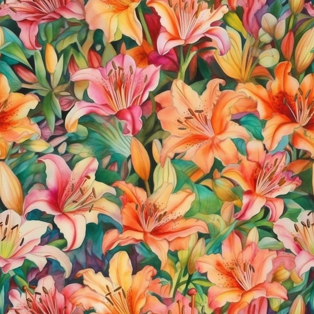 Um padrão floral colorido com lírios em laranja, rosa e amarelo.
