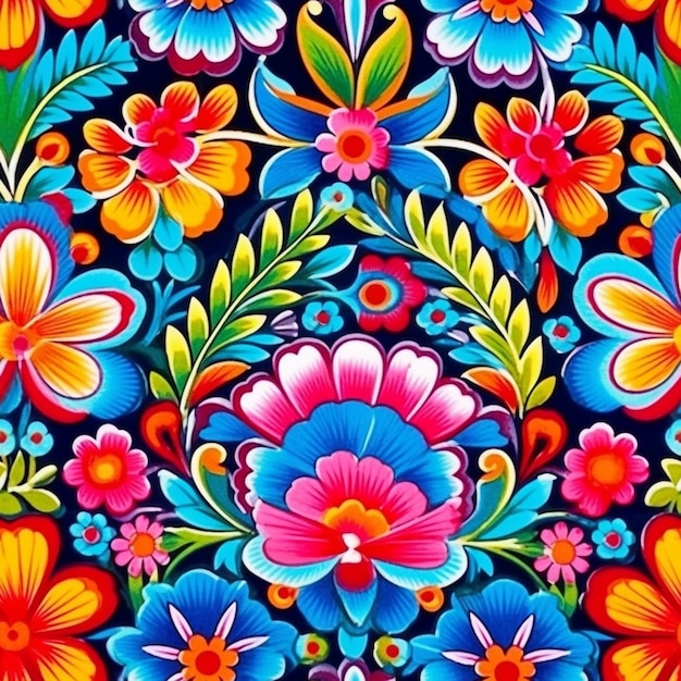 Um padrão floral colorido com muitas flores em um fundo preto generativo ai