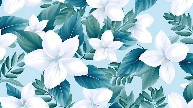 Um padrão floral com flores brancas e folhas em um fundo azul.