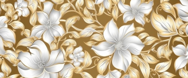 Um padrão floral com flores brancas e folhas.