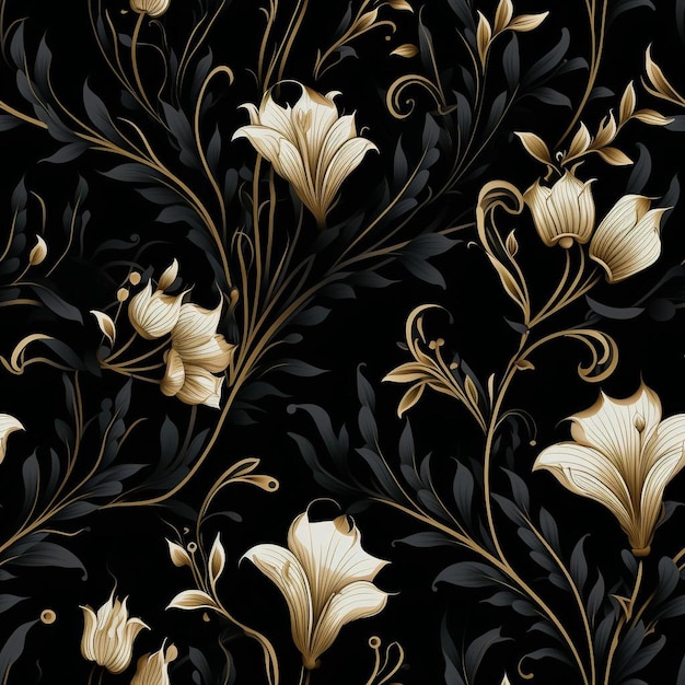 Um padrão floral com flores brancas em um fundo preto.