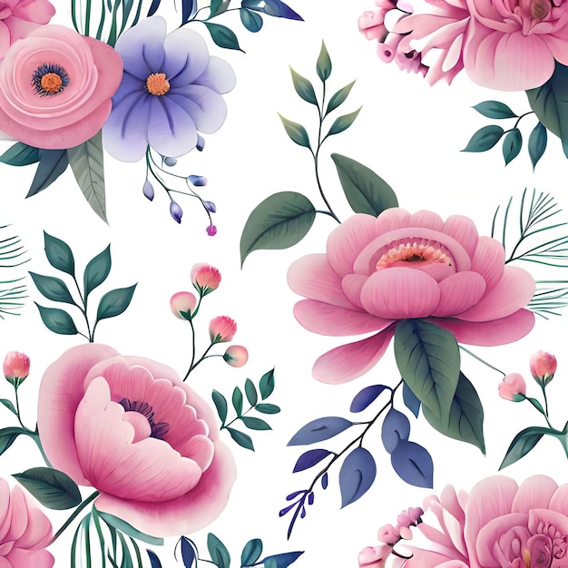 Um padrão floral com flores cor de rosa e folhas.