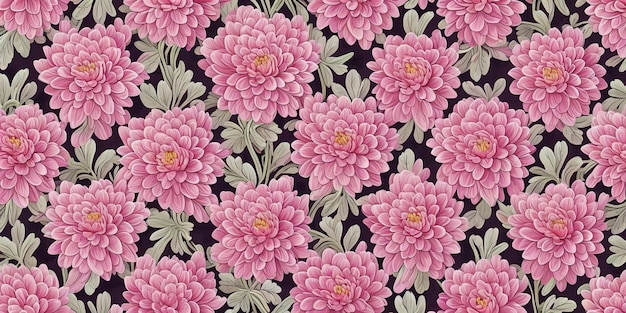 Um padrão floral com flores cor de rosa em um fundo escuro.