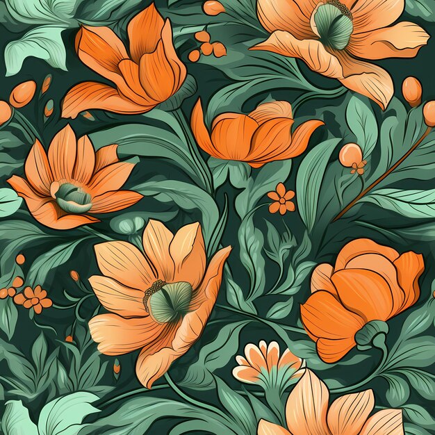 Um padrão floral com flores de laranja e folhas verdes.