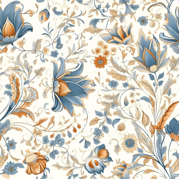 Um padrão floral com flores e folhas azuis e laranja.
