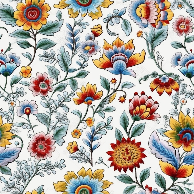 Um padrão floral com flores e folhas.