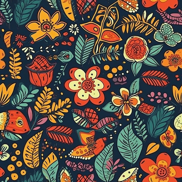 Um padrão floral com flores e folhas.