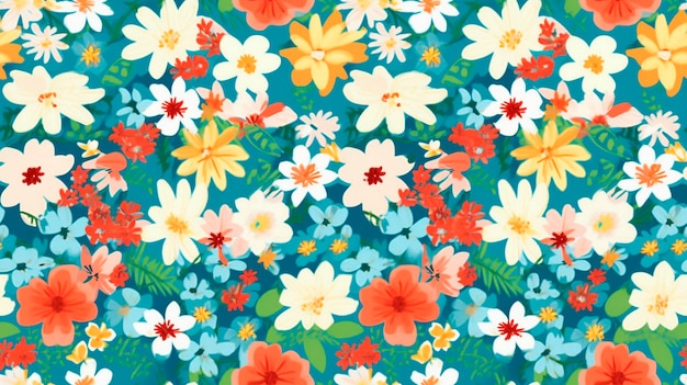 Um padrão floral com flores em um fundo azul.
