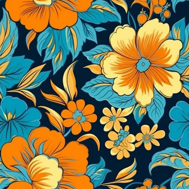Um padrão floral com flores laranja e azuis.