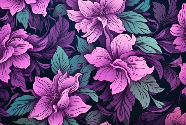 um padrão floral com flores roxas e verdes criadas com IA gerativa