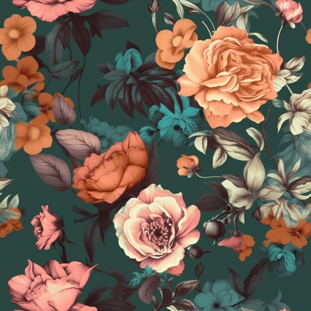 Um padrão floral com fundo verde e flores rosa e laranja.