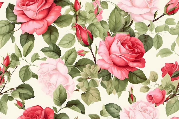 Um padrão floral com rosas e folhas sublimação aquarela