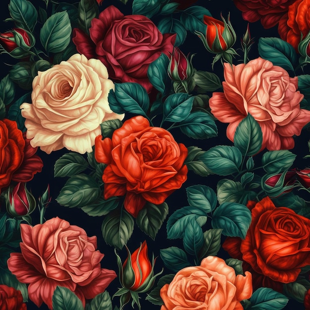 Um padrão floral com rosas e folhas