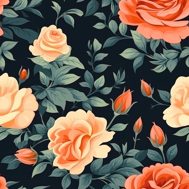 Um padrão floral com rosas laranja e rosa.