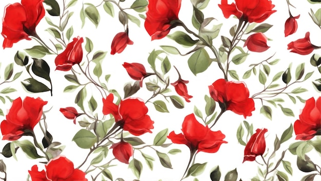 Um padrão floral com rosas vermelhas em um fundo branco.