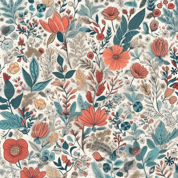 Um padrão floral com uma flor azul na parte inferior.