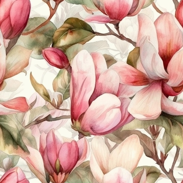 Um padrão floral em aquarela com flores de magnólia.