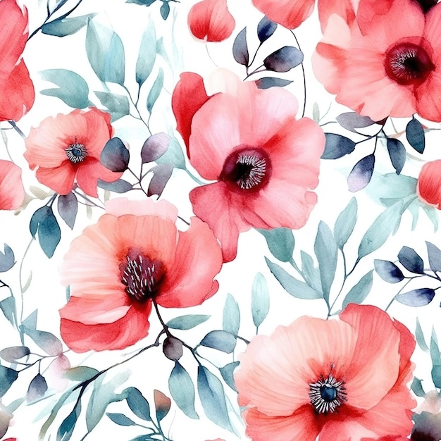 Um padrão floral em aquarela com flores vermelhas.