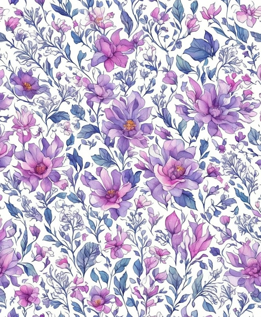 Um padrão floral perfeito com flores roxas e folhas.
