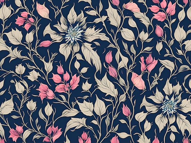 Um padrão floral preto e azul com flores rosa e azuis.