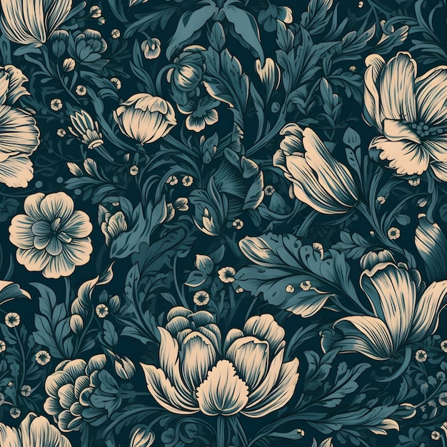 Um padrão floral preto e azul com uma flor branca.